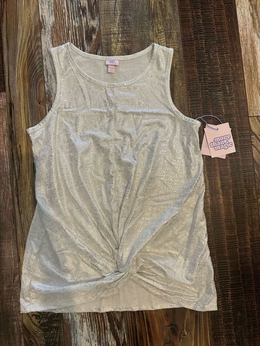 More Than Magic Shimmery Silver Twist-Front Tank Top